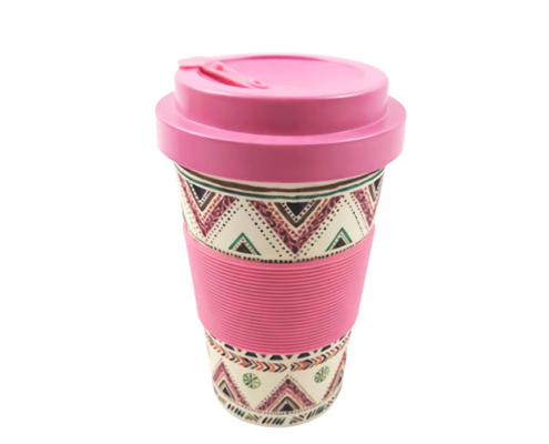 Printed Eco Bamboo Reusable Coffee Cups with Lid & Silicone Sleeve In Bulk 420ml